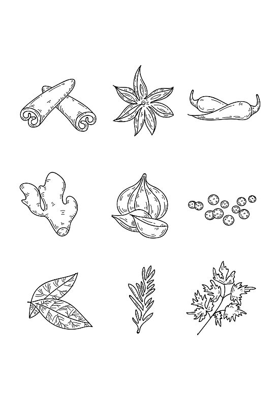 手绘线稿调料花椒八角装饰