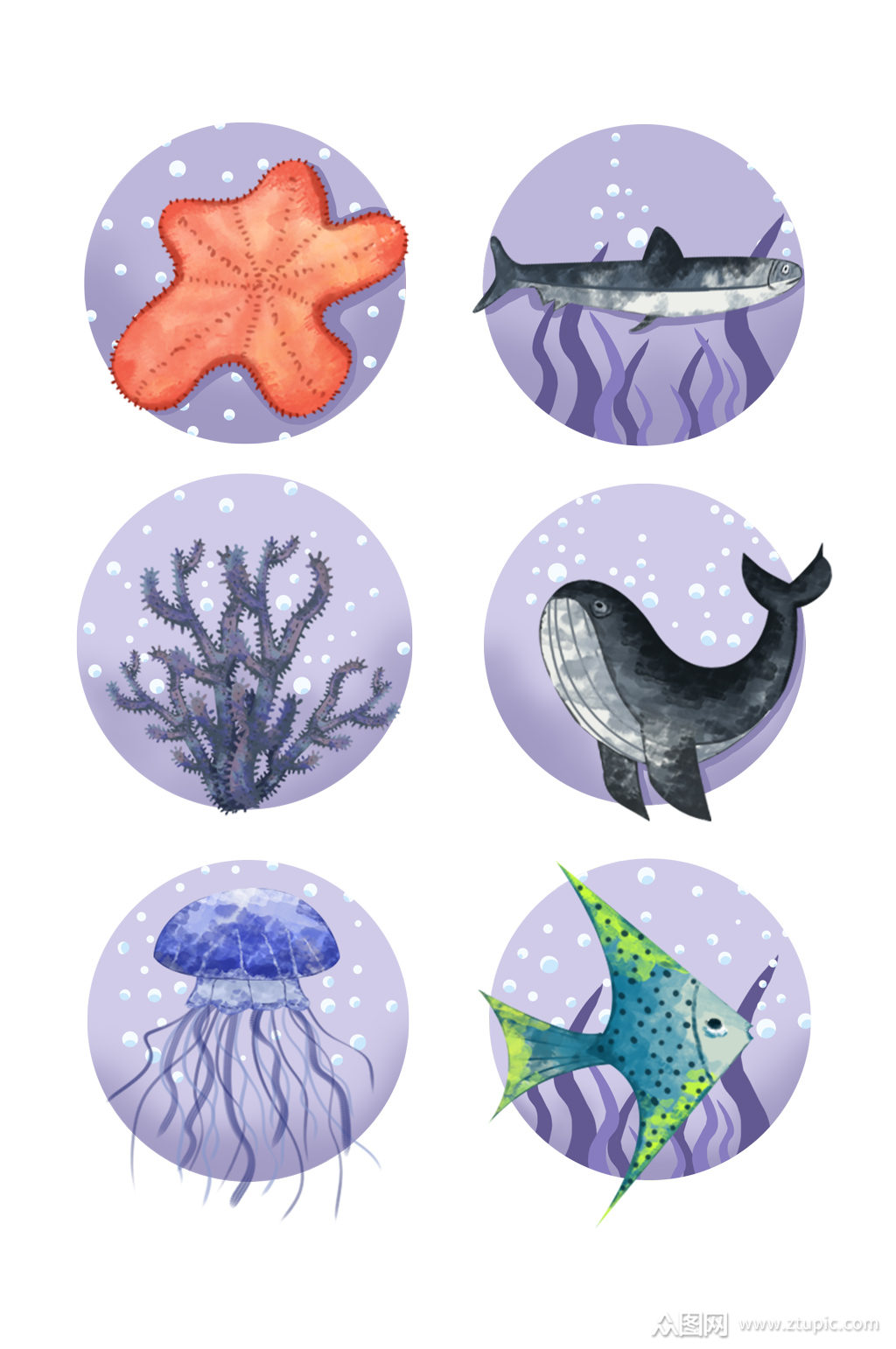 手绘水彩晕染海洋生物套图卡通水母
