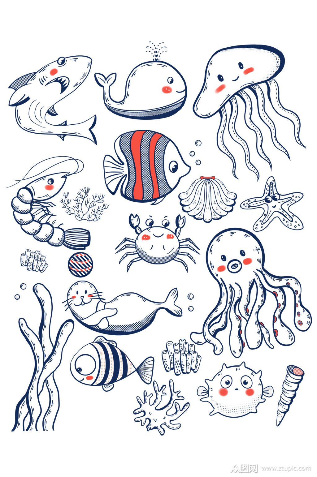 卡通海洋生物动物海洋元素