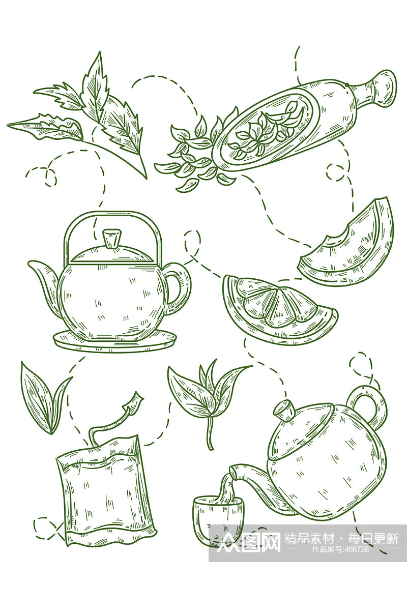 手绘线稿茶文化茶叶套图素材