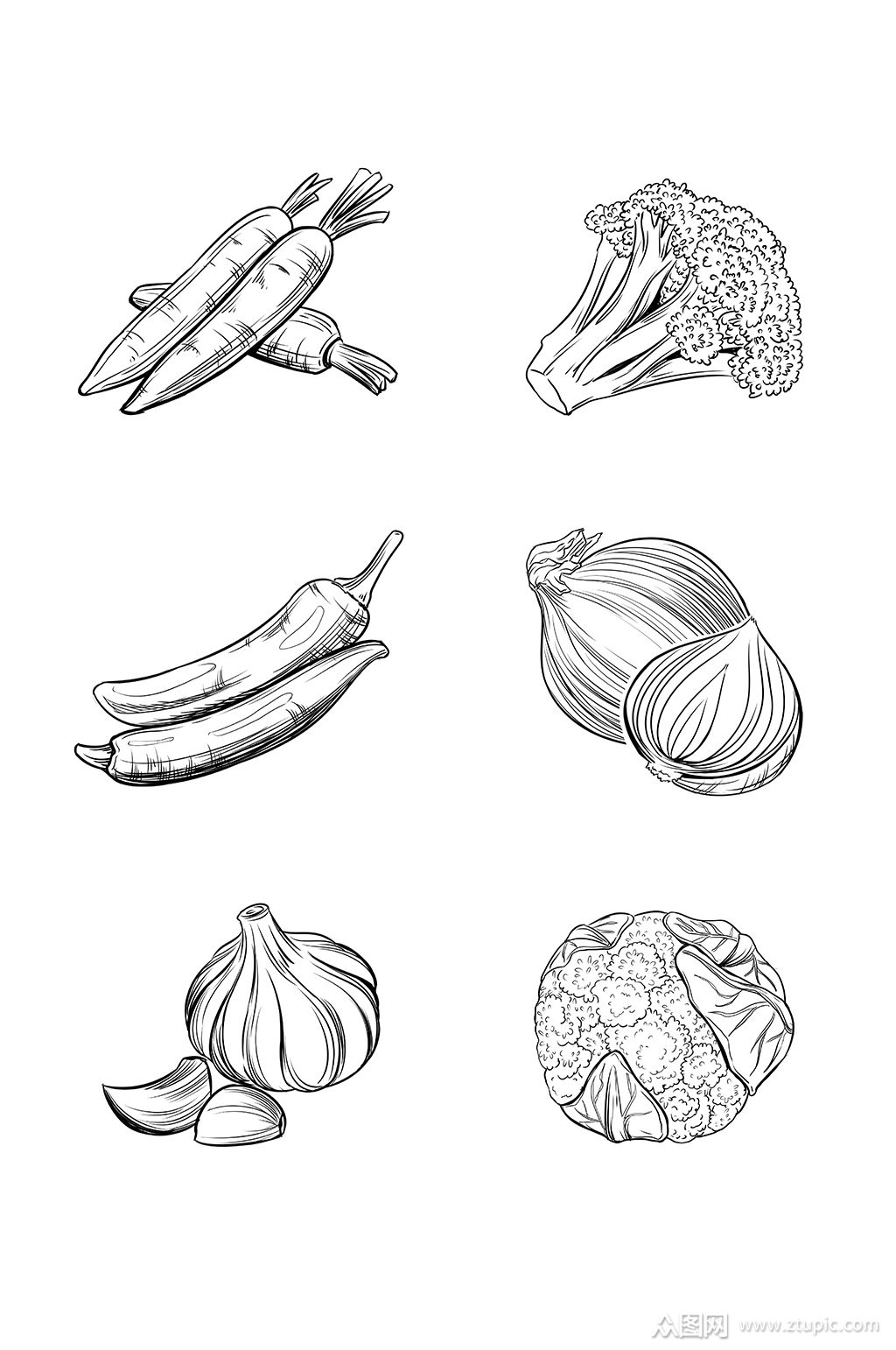 手绘黑白线条卡通蔬菜免抠