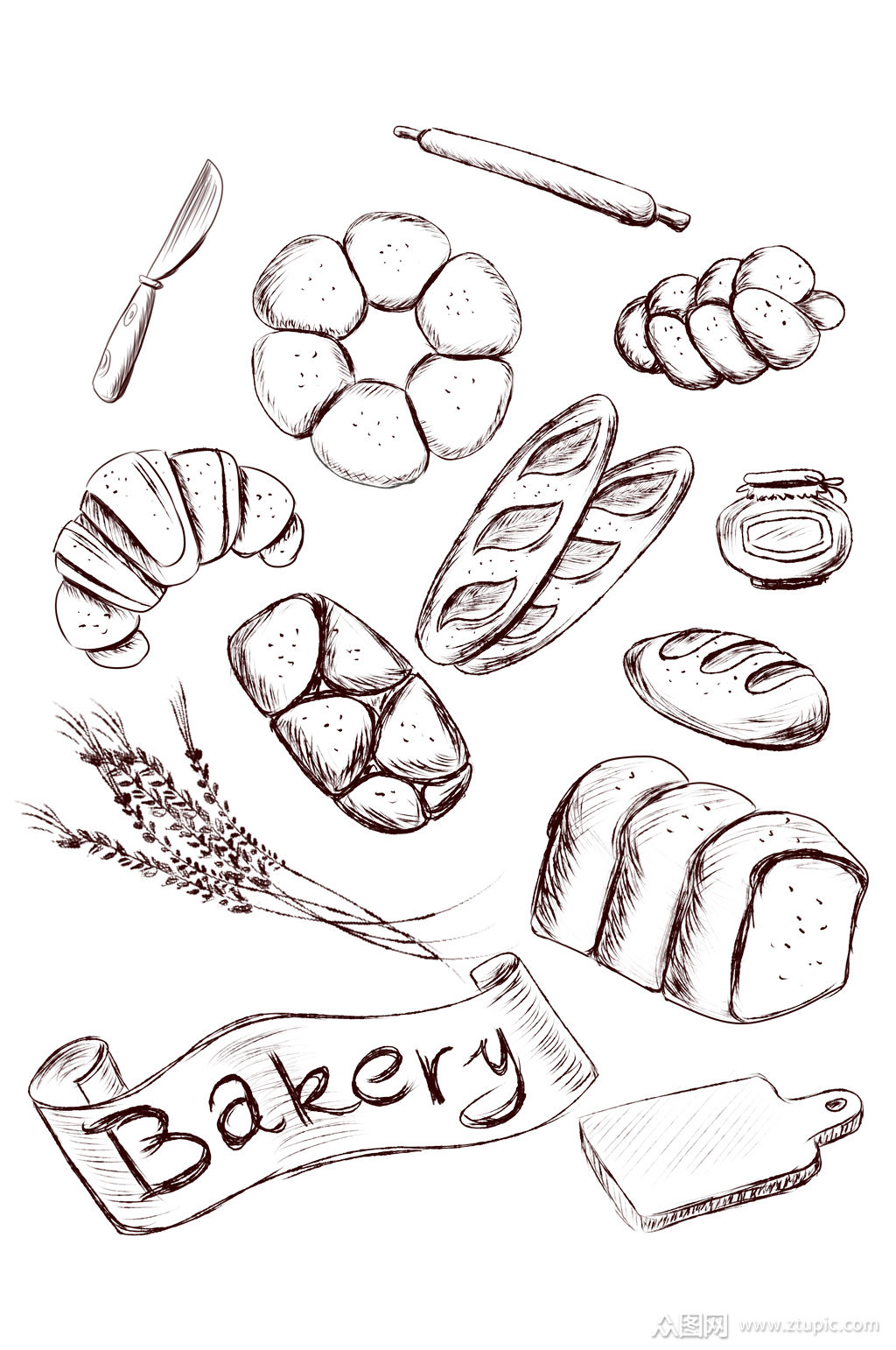 素描线条面包美食素材