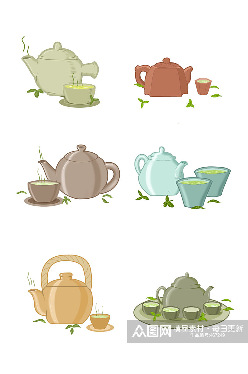 手绘茶壶茶杯茶叶免抠素材