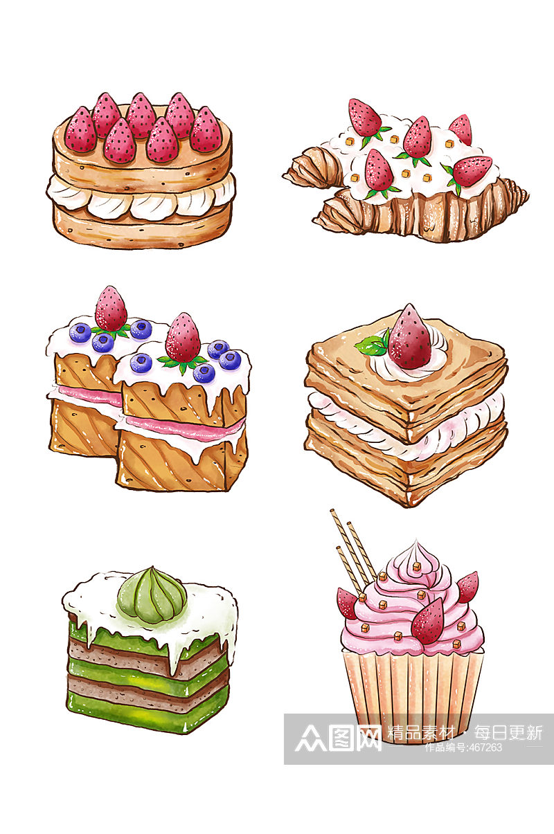 蛋糕草莓蛋糕牛角面包素材