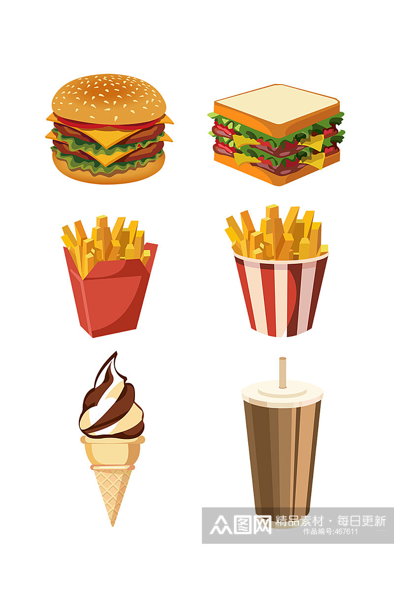 汉堡薯条食物插画矢量素材素材