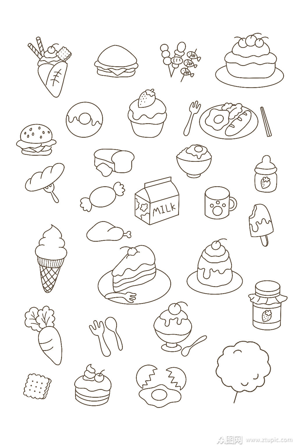 线稿卡通食物小素材免抠