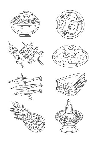 手绘线稿亚洲食物设计元素