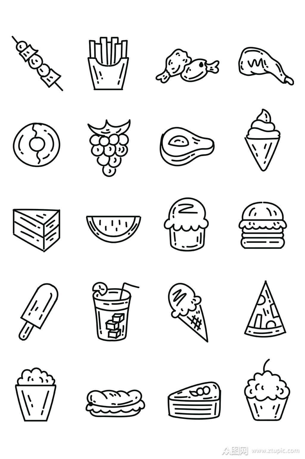 线描卡通食物黑白图免抠