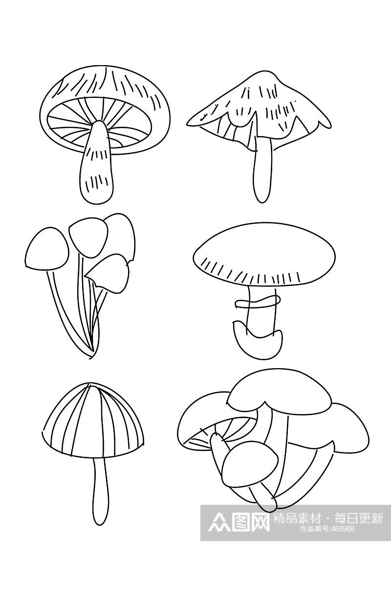 蘑菇黑白线条手绘免抠素材