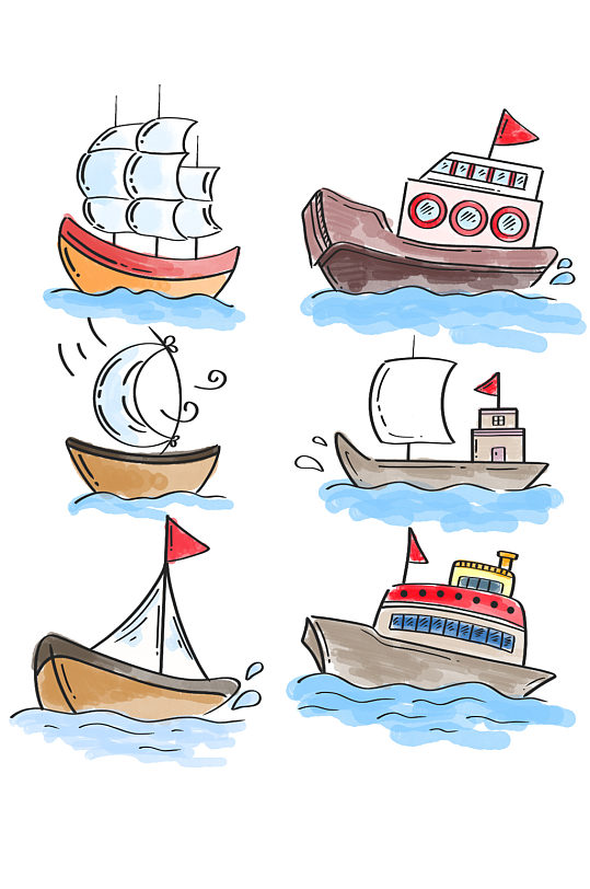 卡通线条水彩帆船素材免抠 交通工具设计元素