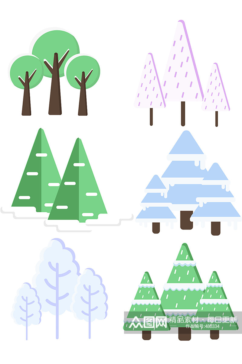 手绘矢量冬季树木素材元素素材