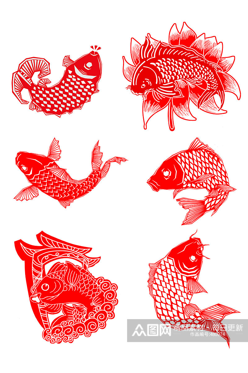中国风鲤鱼窗花剪纸图案素材