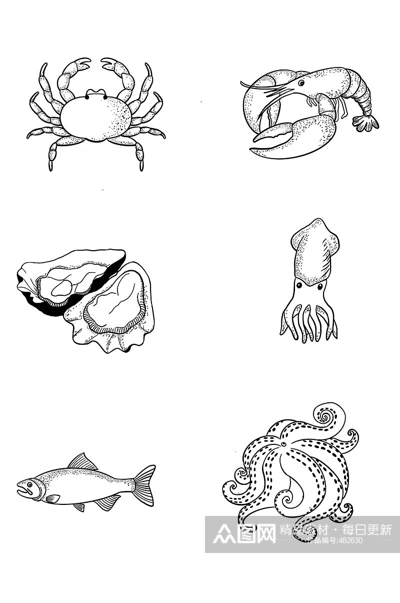 卡通线稿手绘海鲜食物免抠素材