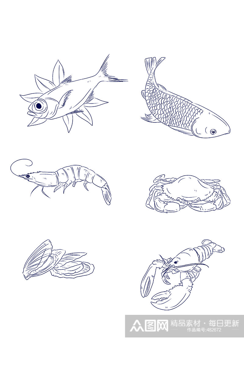手绘线稿各种海鲜食材插画素材