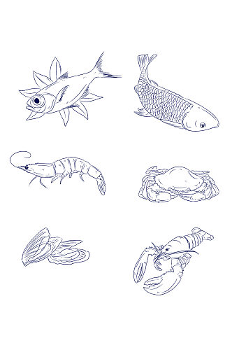 手绘线稿各种海鲜食材插画