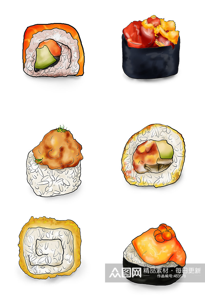 手绘多种日料寿司卷免抠插画素材