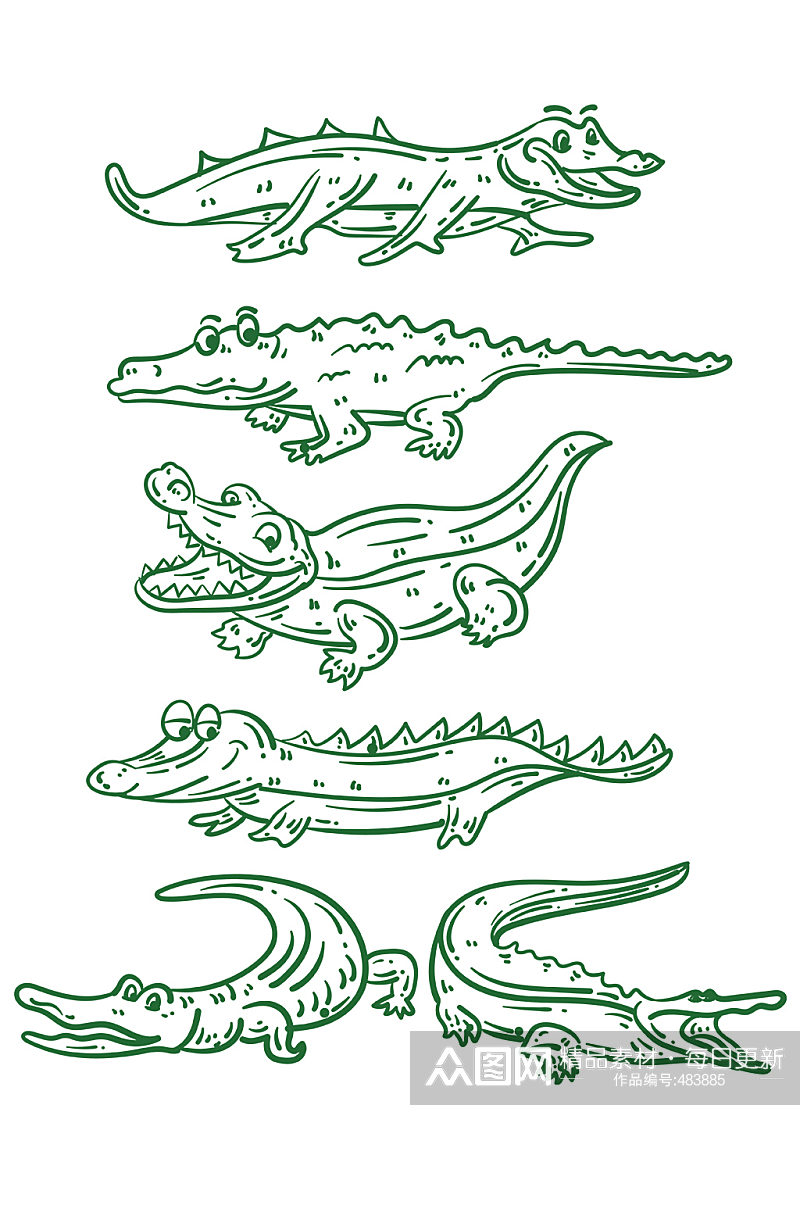 手绘线描鳄鱼装饰免抠素材