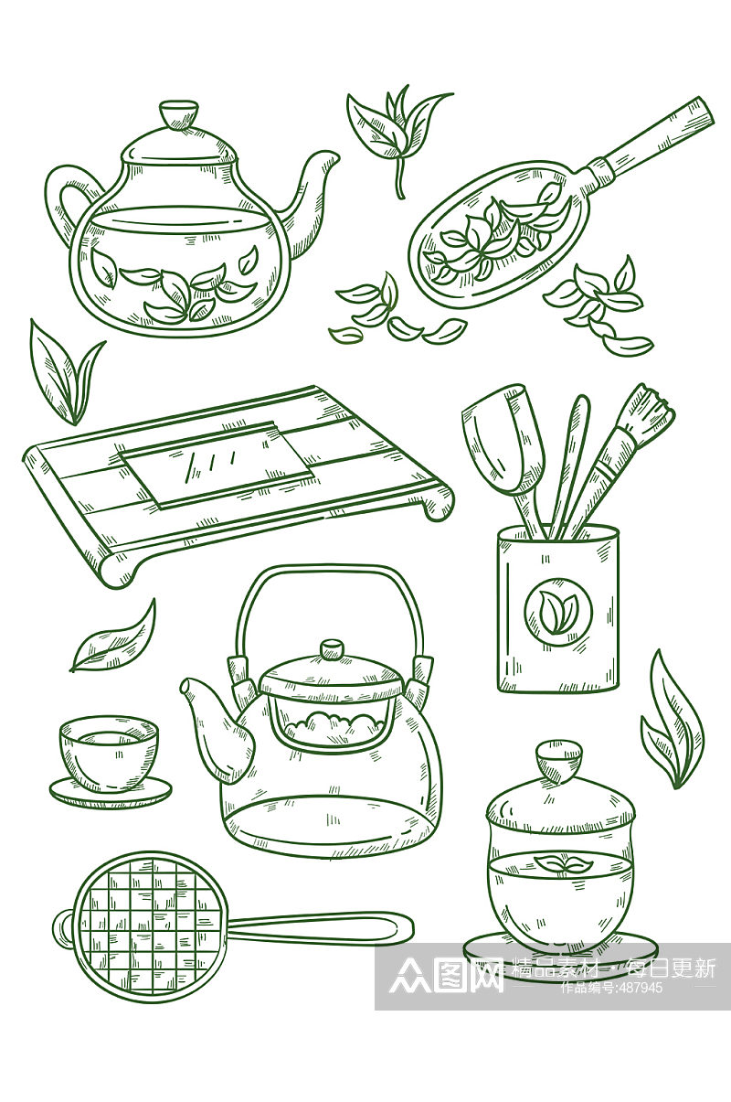 传统工具茶道茶壶碗盖手绘素材