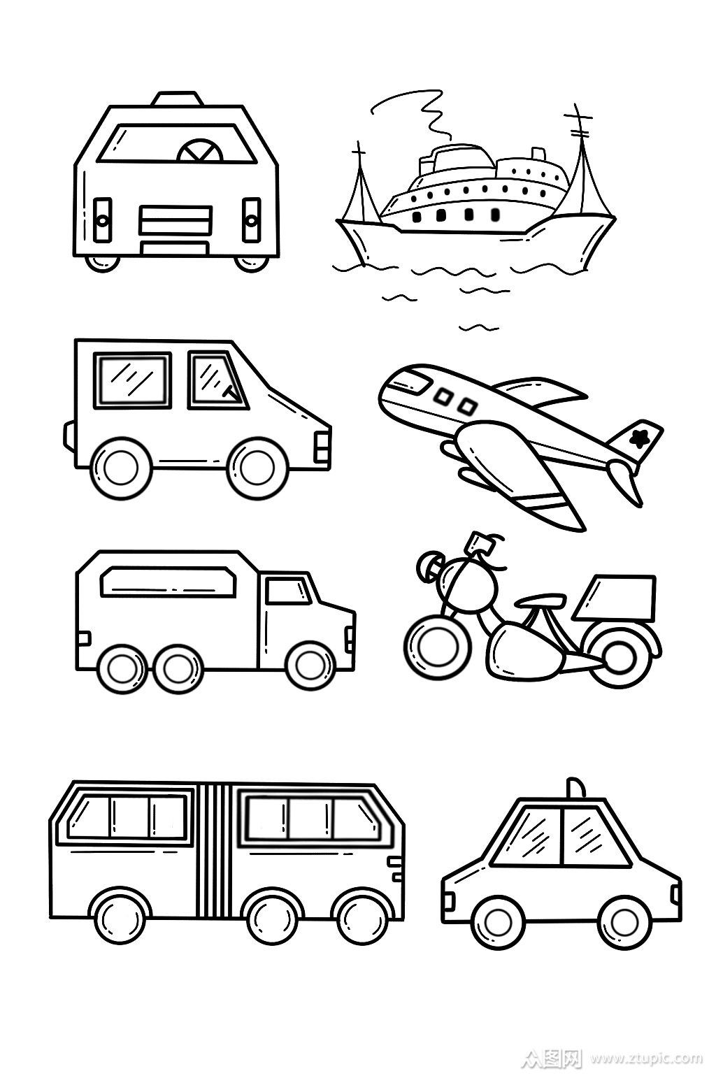 卡通线描交通运输工具免抠