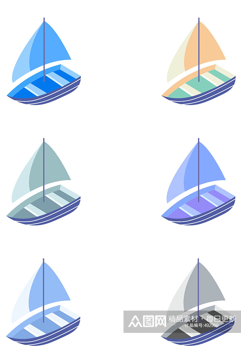 卡通手绘帆船航海船舶小船素材