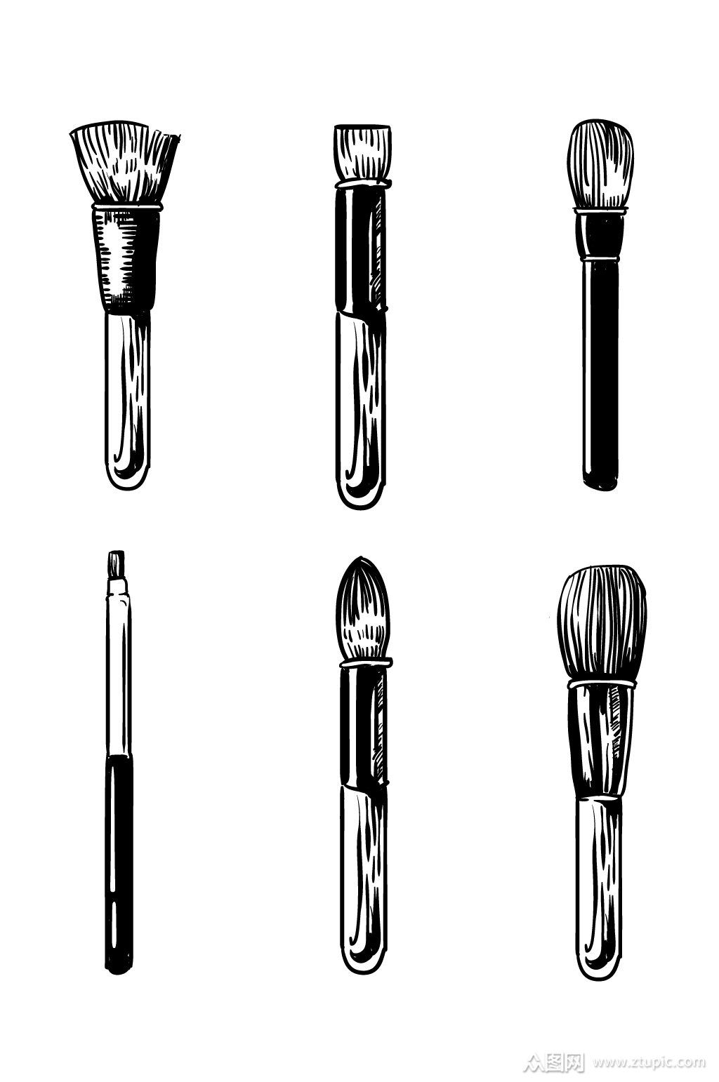 化妆刷写实手绘黑白线描免抠素材