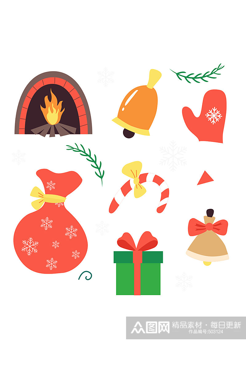 红绿扁平风格圣诞礼物铃铛元素贴纸素材
