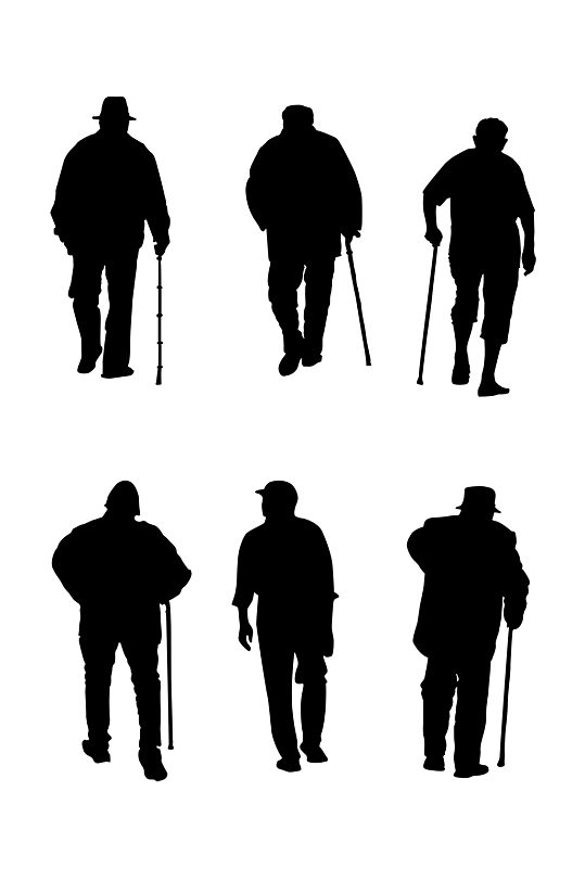 矢量老年人拄拐杖人物剪影元素合集