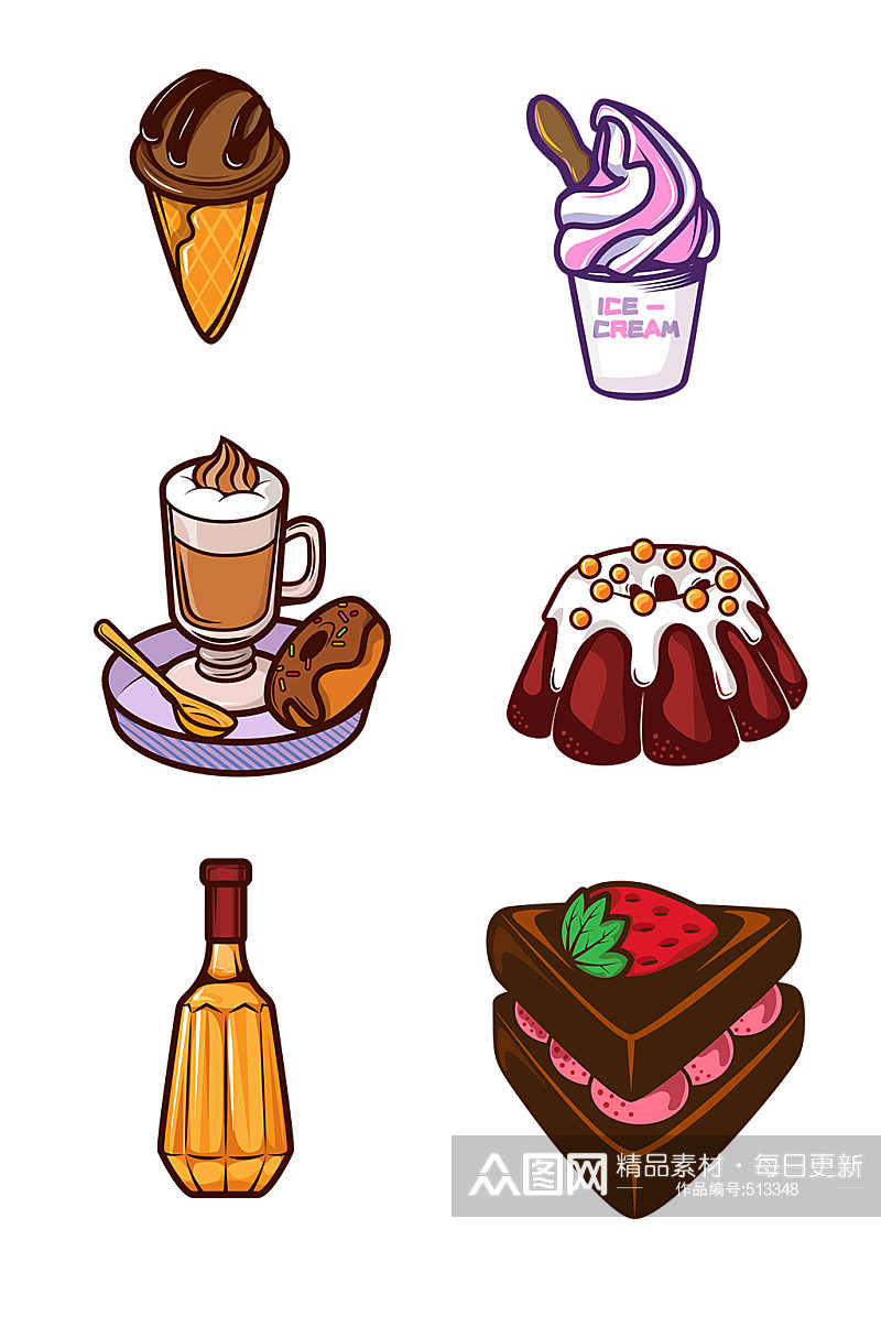 卡通矢量甜品奶油咖啡甜甜圈冰淇淋蛋糕草莓素材