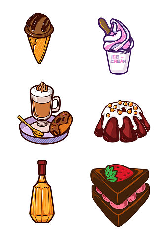 卡通矢量甜品奶油咖啡甜甜圈冰淇淋蛋糕草莓