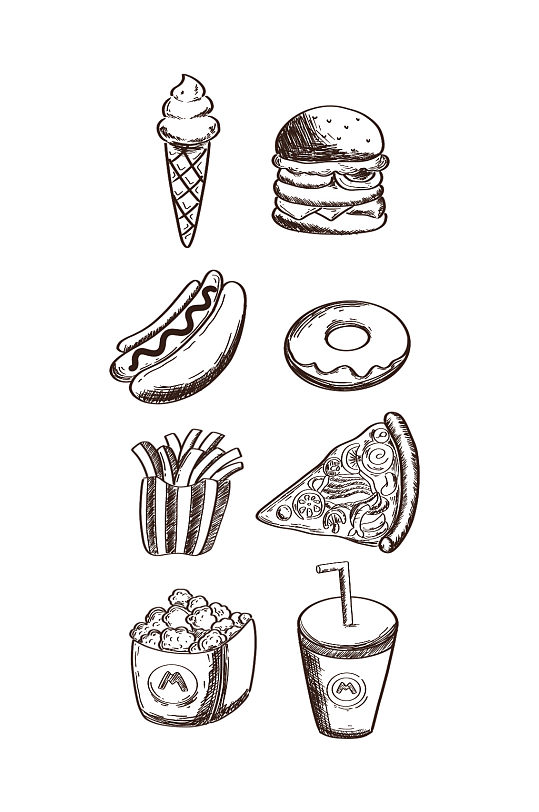 卡通食物系列手绘线稿图案免抠