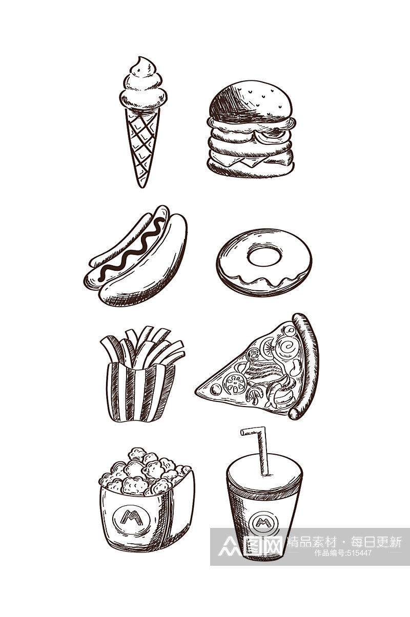 卡通食物系列手绘线稿图案免抠素材