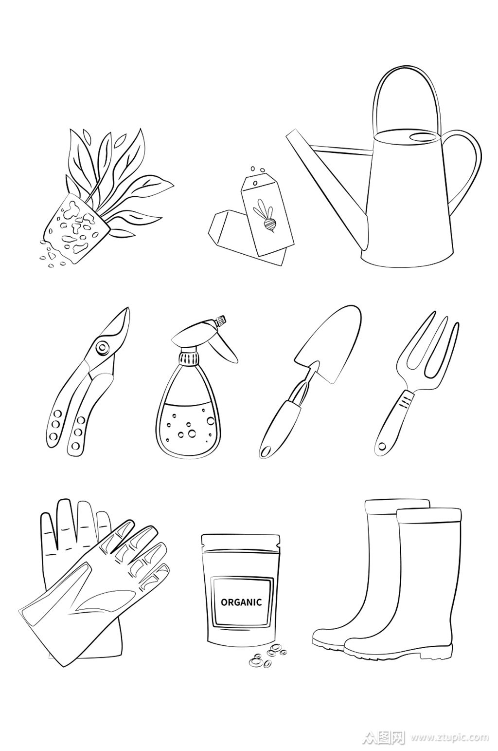 黑白手绘线描园艺工具装饰素材矢量