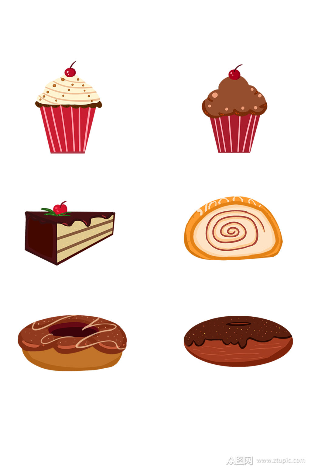手绘卡通休闲烘培蛋糕甜点甜甜圈面包免抠素材
