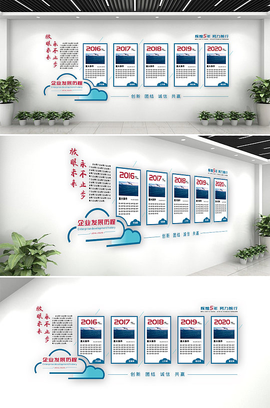 2020红色简单的企业发展历程文化墙创意设计图片