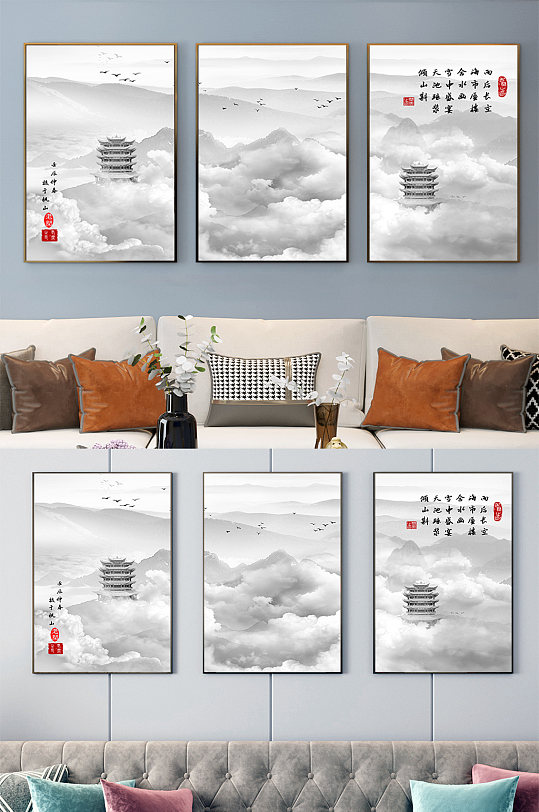 简约古风水墨画楼宇装饰画-众图网