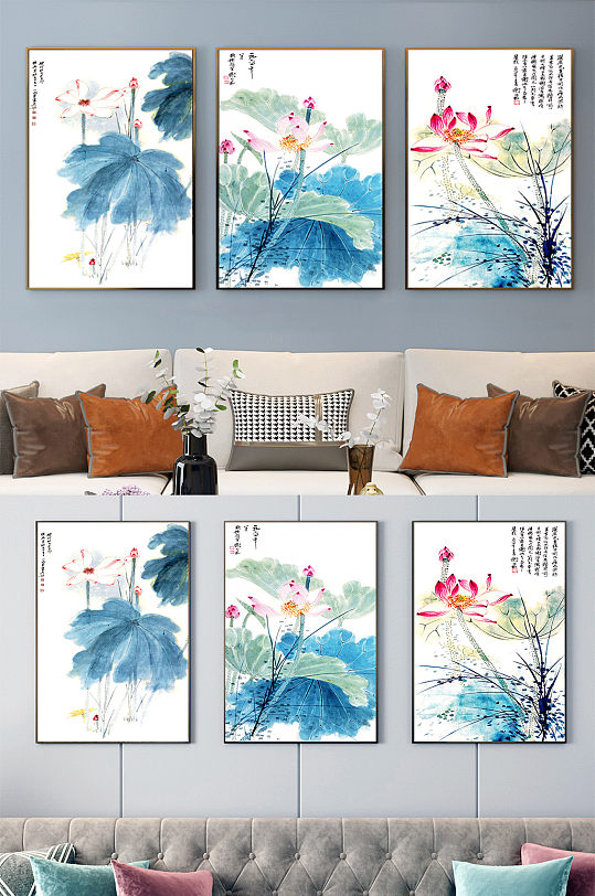 中式古风花水墨色彩装饰画-众图网