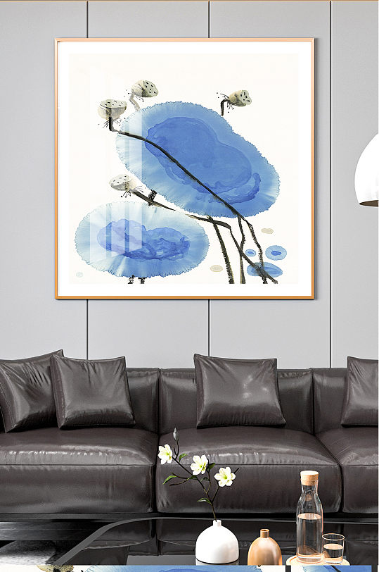 天蓝色荷叶与荷花装饰画