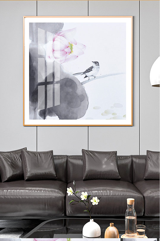 水墨动物小鸟与荷花装饰画-众图网