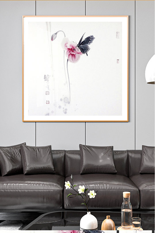 黑色蝴蝶与荷花装饰画-众图网