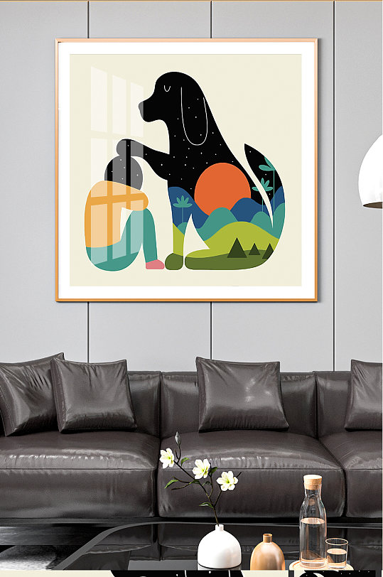 高清单幅简约文艺卡通狗插画儿童房装饰画