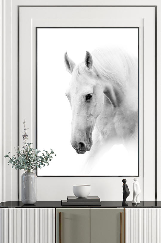 黑白摄影马低头艺术装饰画