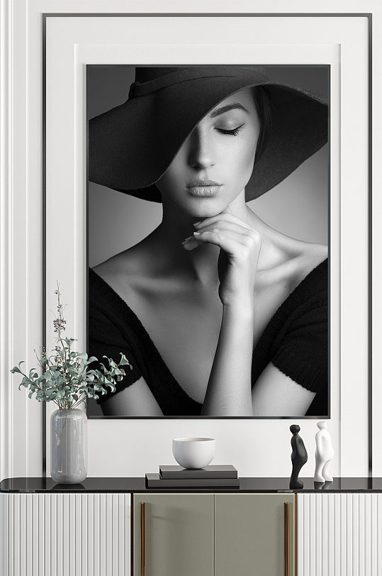 黑白帽子人物艺术装饰画