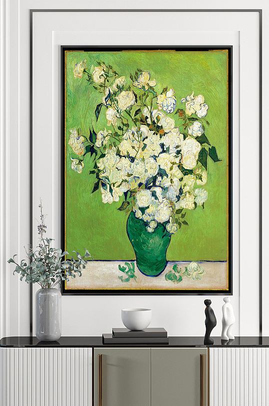 绿色花瓶白色花唯美装饰画