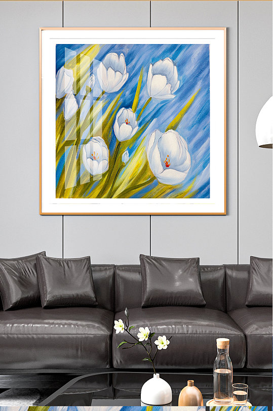 蓝底白色花朵清新艺术油画