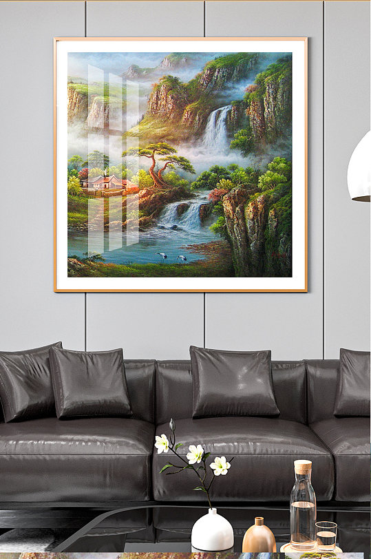 瀑布流水山岭人家油画-众图网