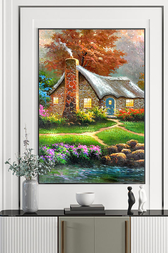 湖边温馨房屋艺术油画-众图网