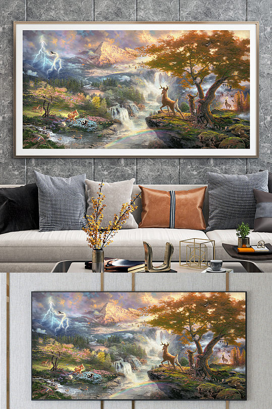 小鹿眺望风景油画-众图网