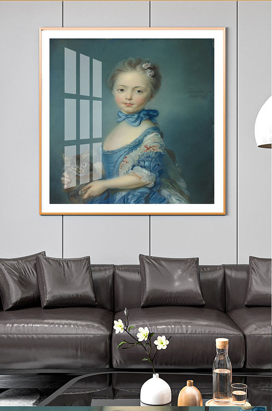 抱着猫咪的小女孩油画