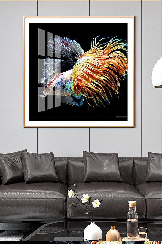 黑底彩色金鱼装饰画