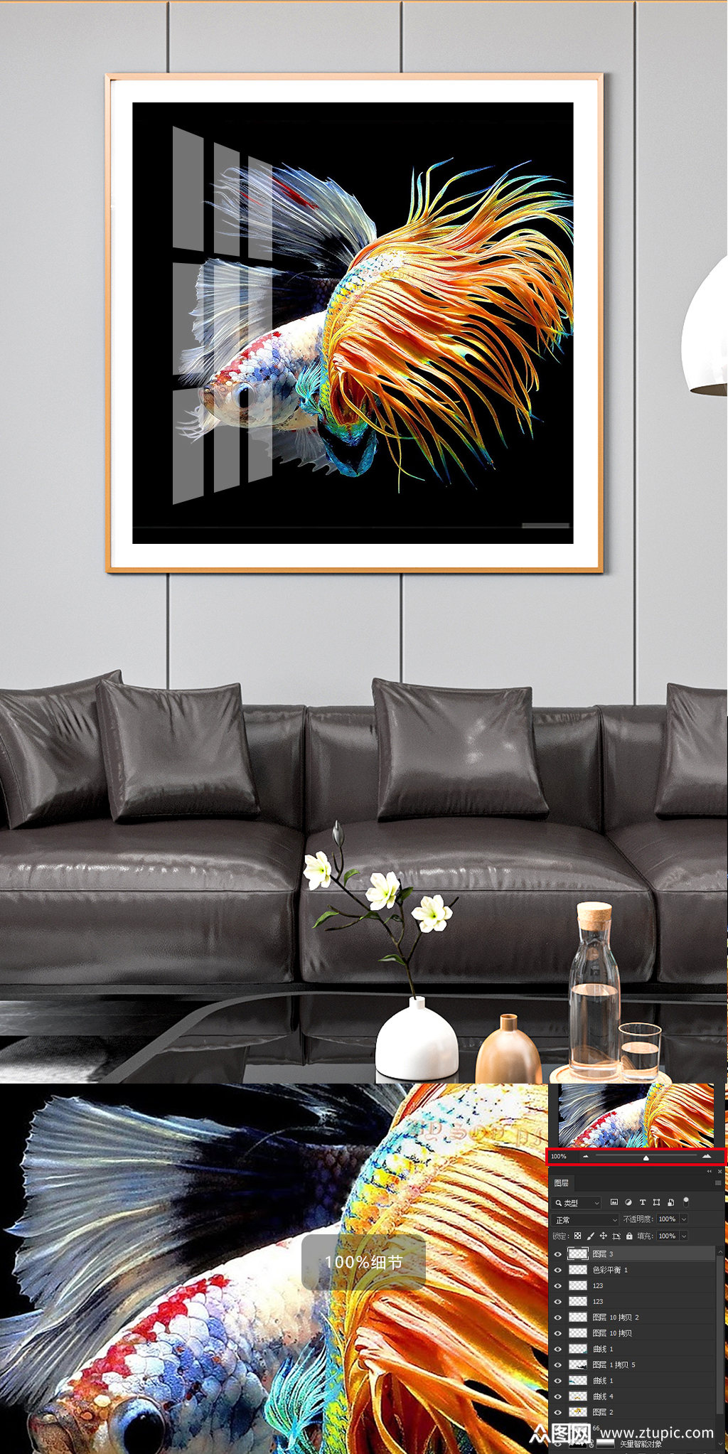 黑底彩色金鱼装饰画